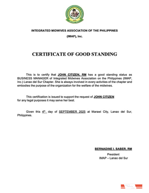 Philippines certificate of good standing Word and PDF template, version 2